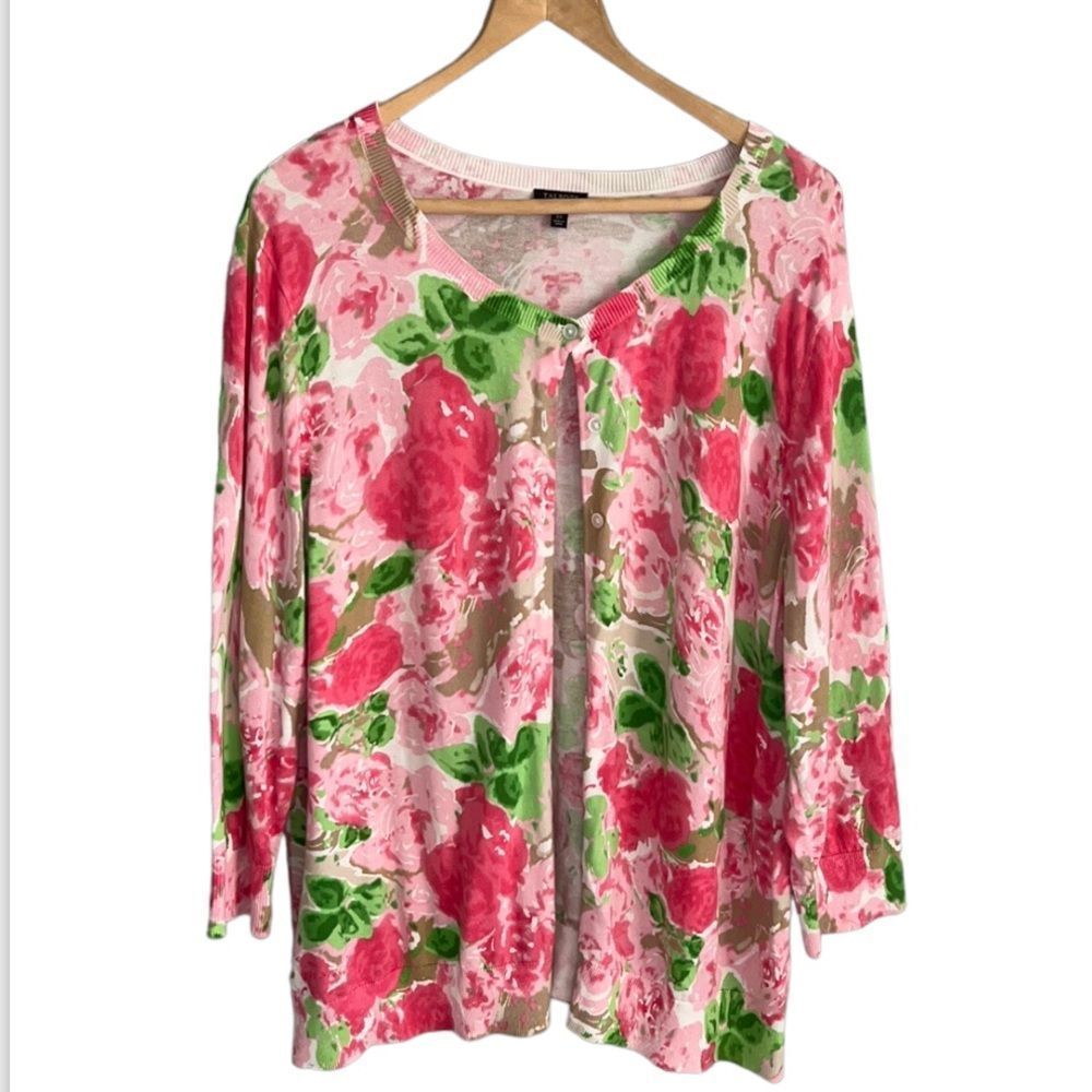 Talbots woman Plus 3X gorgeous water color pink & green floral sweater cardigan
